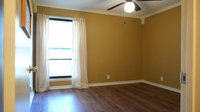 unfurnished room with dark hardwood / wood-style floors, ceiling fan, and ornamental molding