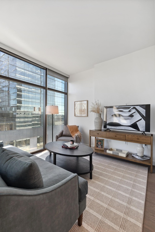 living room featuring hardwood / wood-style flooring and a wall of windows