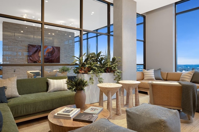 living room featuring light hardwood / wood-style floors and a wall of windows