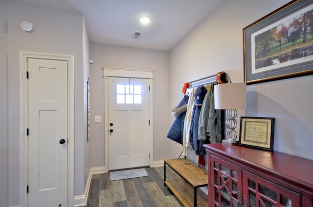 mudroom featuring dark wood-type flooring