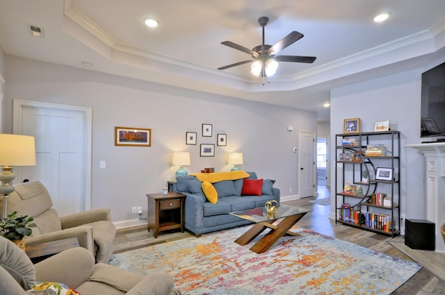 living room featuring ornamental molding, light hardwood / wood-style floors, and a raised ceiling