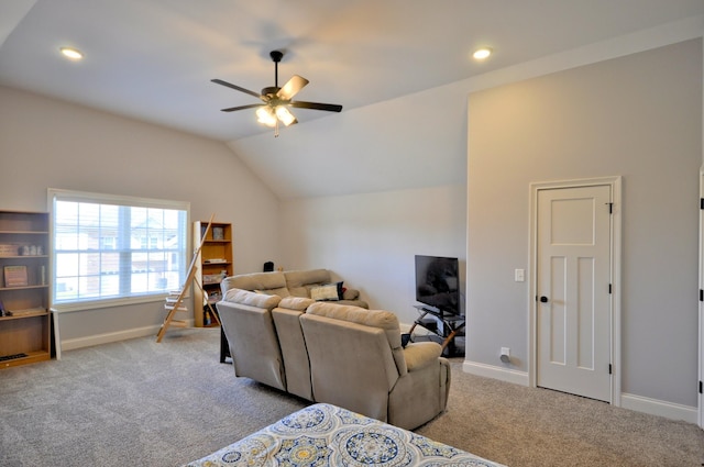 living room with light carpet, lofted ceiling, and ceiling fan