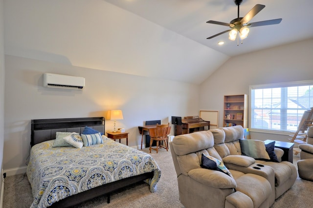 carpeted bedroom with ceiling fan, vaulted ceiling, and a wall mounted air conditioner