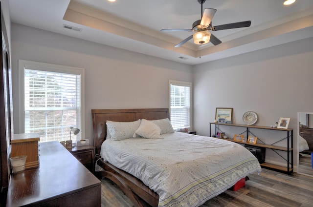 bedroom featuring ceiling fan, dark hardwood / wood-style flooring, and a raised ceiling