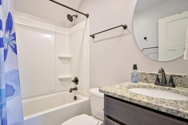 full bathroom with toilet, shower / bathtub combination with curtain, and vanity