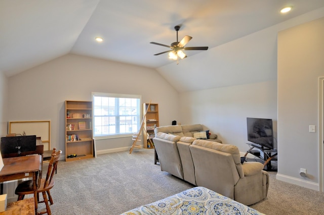 carpeted living room with lofted ceiling and ceiling fan