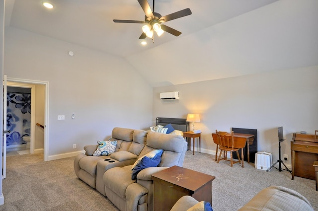 carpeted living room featuring a wall mounted AC, vaulted ceiling, and ceiling fan