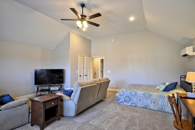 bedroom featuring an AC wall unit, lofted ceiling, light colored carpet, and ceiling fan