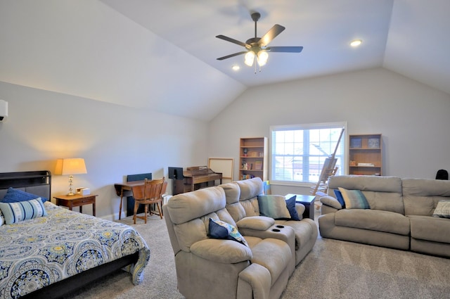 carpeted bedroom featuring lofted ceiling and ceiling fan