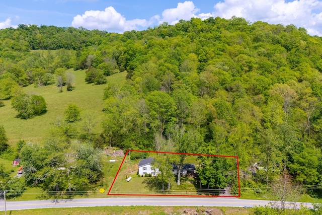drone / aerial view featuring a view of trees