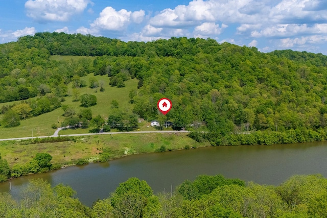 drone / aerial view featuring a water view and a forest view
