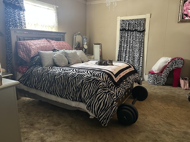 bedroom featuring dark colored carpet