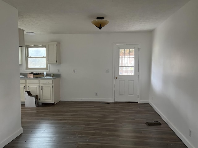 interior space with dark hardwood / wood-style floors and a textured ceiling