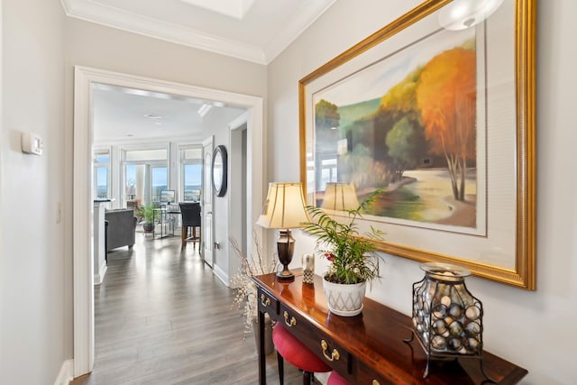 corridor with ornamental molding and hardwood / wood-style floors