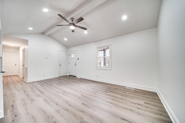 empty room with ceiling fan, lofted ceiling with beams, and light hardwood / wood-style floors