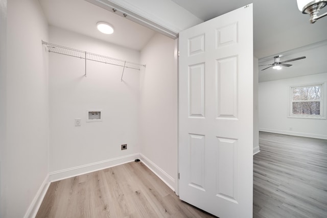 laundry room featuring ceiling fan, electric dryer hookup, washer hookup, and light hardwood / wood-style floors