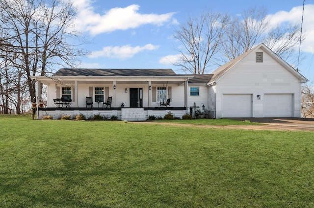 single story home featuring a garage, a front lawn, and a porch