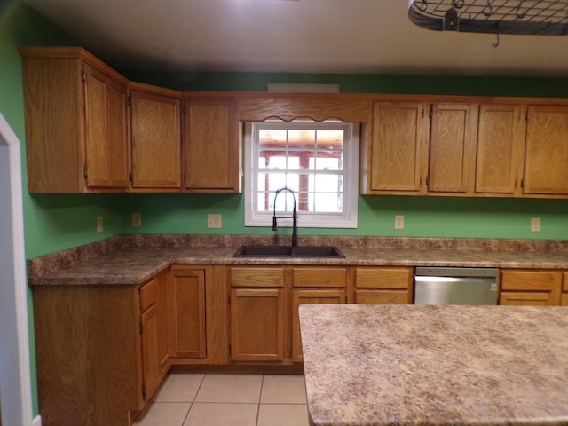 kitchen with sink, stainless steel dishwasher, and light tile patterned floors