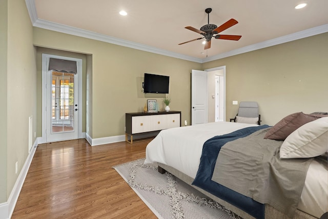 bedroom with ceiling fan, wood-type flooring, access to outside, and ornamental molding