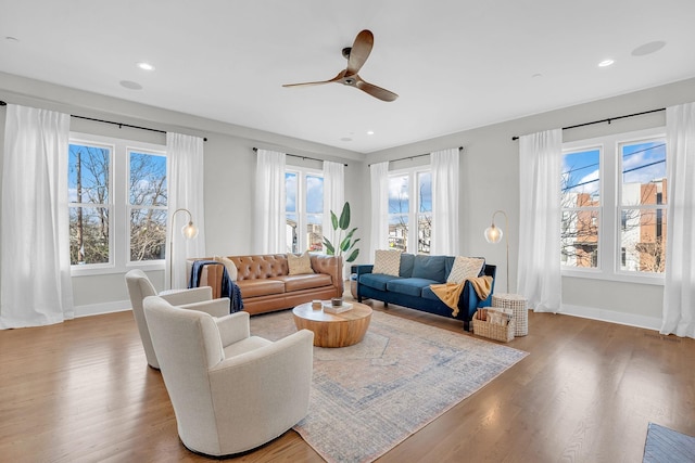 living room featuring ceiling fan and wood-type flooring