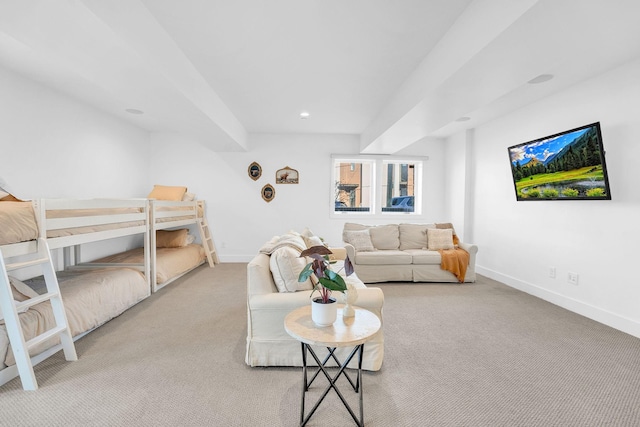 bedroom with light colored carpet