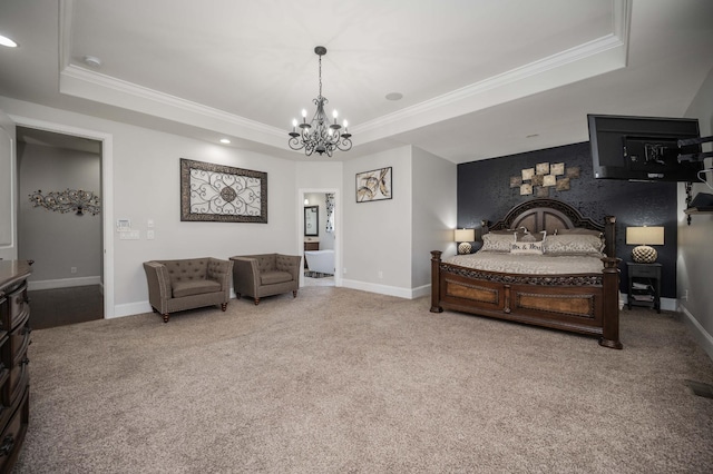 carpeted bedroom featuring an accent wall, ornamental molding, a raised ceiling, and baseboards