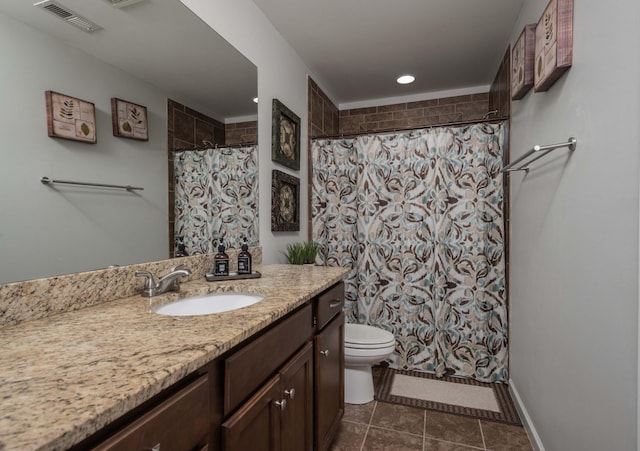 bathroom featuring visible vents, toilet, curtained shower, tile patterned flooring, and vanity