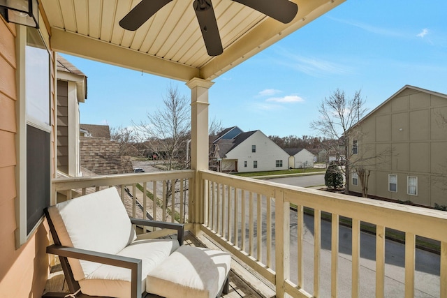 balcony featuring ceiling fan