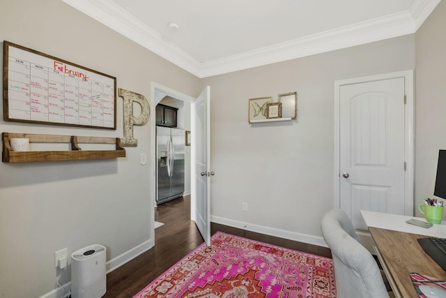 home office with crown molding and dark wood-type flooring