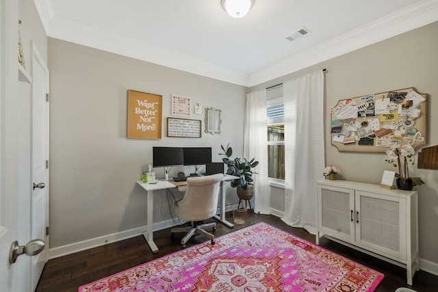 office space featuring dark hardwood / wood-style flooring and ornamental molding