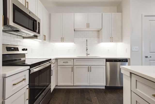 kitchen with sink, white cabinetry, stainless steel appliances, dark hardwood / wood-style flooring, and decorative backsplash