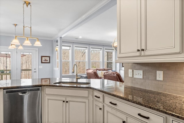 7144 Triple Crown Ln, Fairview, TN 37062 - kitchen featuring pendant lighting, ornamental molding, a sink, dark stone countertops, and dishwasher