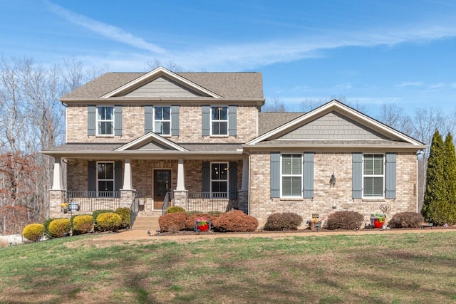 craftsman inspired home featuring covered porch, brick siding, roof with shingles, and a front yard