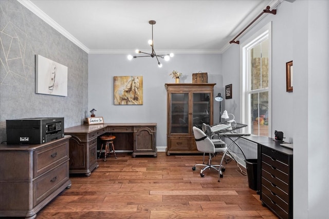 7144 Triple Crown Ln, Fairview, TN 37062 - office area with ornamental molding, baseboards, an inviting chandelier, and wood finished floors
