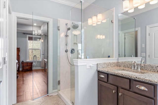 7144 Triple Crown Ln, Fairview, TN 37062 - bathroom featuring a stall shower, vanity, and crown molding