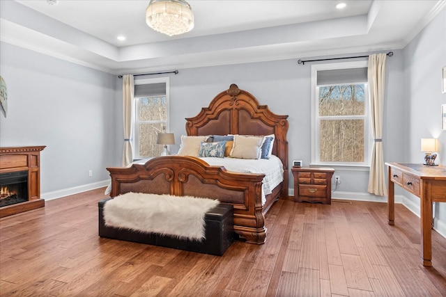 7144 Triple Crown Ln, Fairview, TN 37062 - bedroom with a tray ceiling, a lit fireplace, baseboards, and wood finished floors