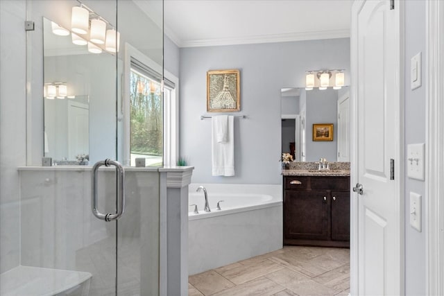 7144 Triple Crown Ln, Fairview, TN 37062 - bathroom featuring a shower stall, ornamental molding, a bath, and vanity