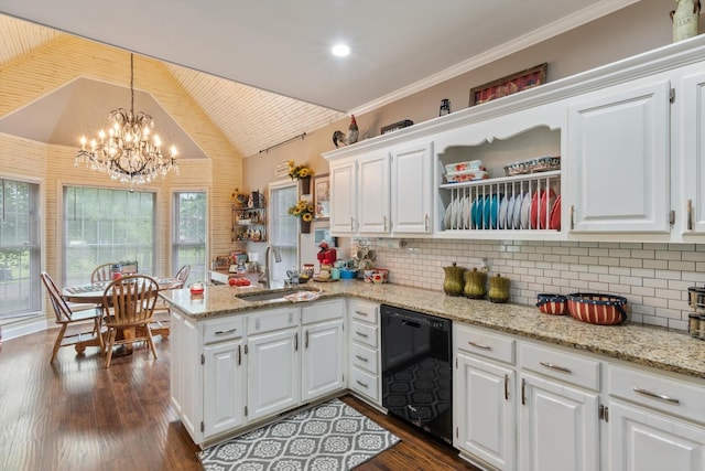 kitchen featuring decorative light fixtures, dishwasher, white cabinetry, and kitchen peninsula