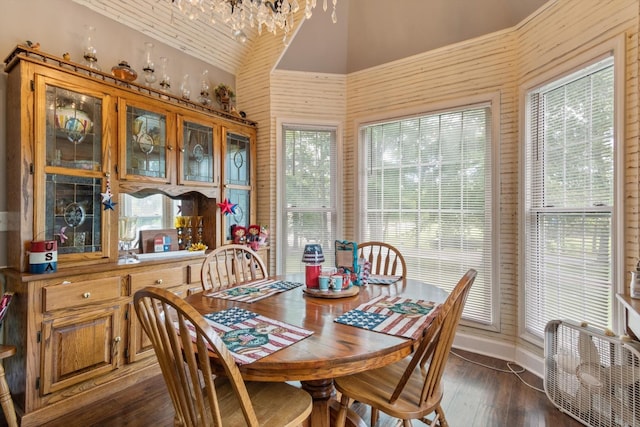 dining room featuring high vaulted ceiling and dark hardwood / wood-style floors