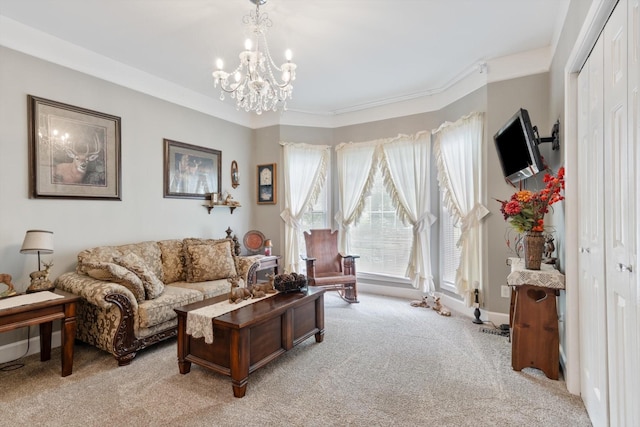 carpeted living room featuring a notable chandelier and crown molding