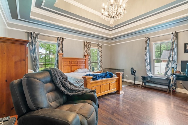 bedroom with multiple windows, a tray ceiling, and dark hardwood / wood-style flooring