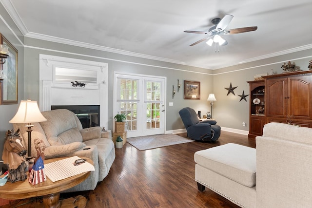 living room featuring ornamental molding, dark hardwood / wood-style floors, and ceiling fan