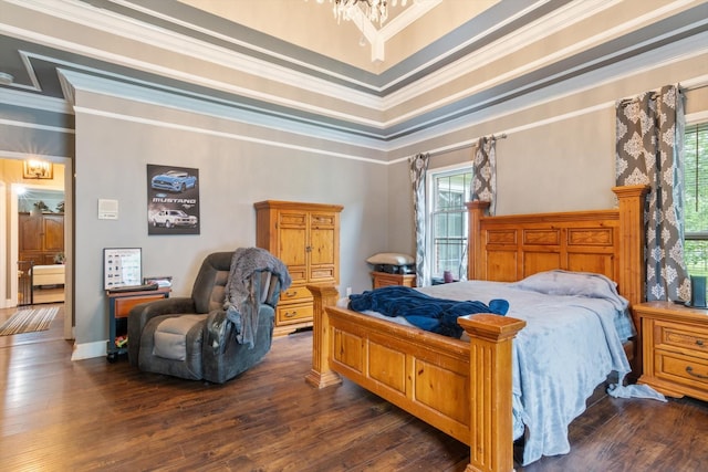 bedroom featuring ornamental molding and dark wood-type flooring