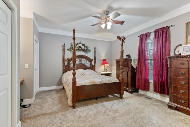 bedroom featuring ceiling fan and light colored carpet