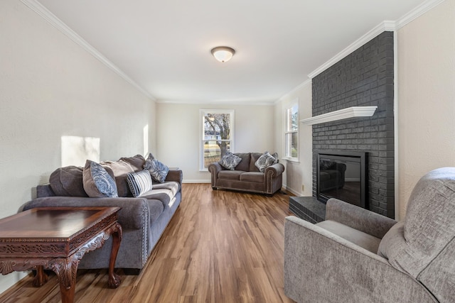 living room featuring hardwood / wood-style floors, ornamental molding, and a fireplace