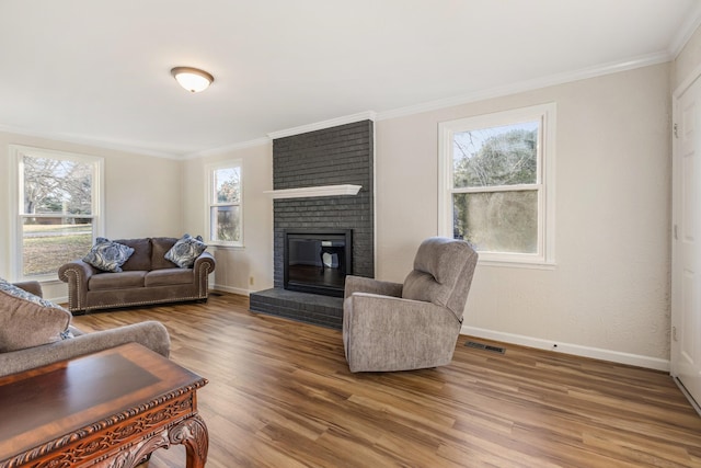 living room featuring a fireplace, crown molding, and wood-type flooring