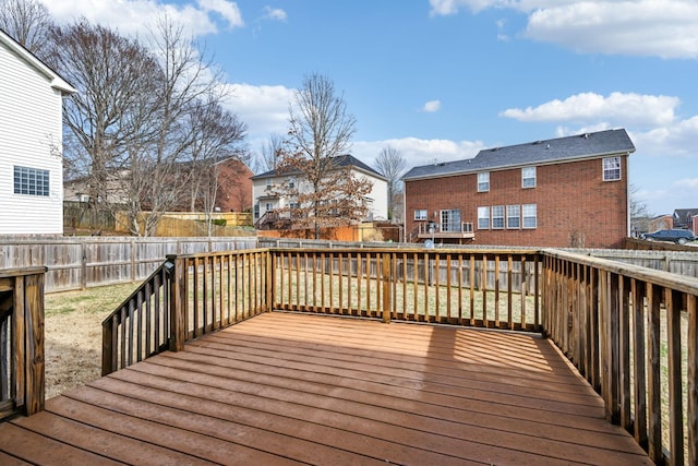 wooden terrace featuring a fenced backyard and a residential view