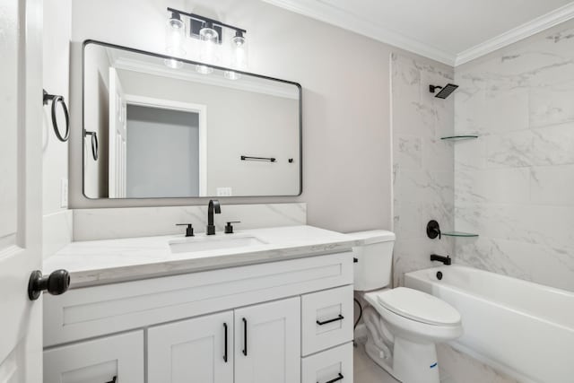 bathroom featuring ornamental molding, shower / washtub combination, vanity, and toilet