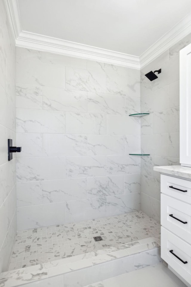 bathroom featuring a stall shower and ornamental molding