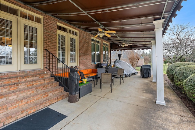 view of patio / terrace featuring a grill, an outdoor living space, and ceiling fan